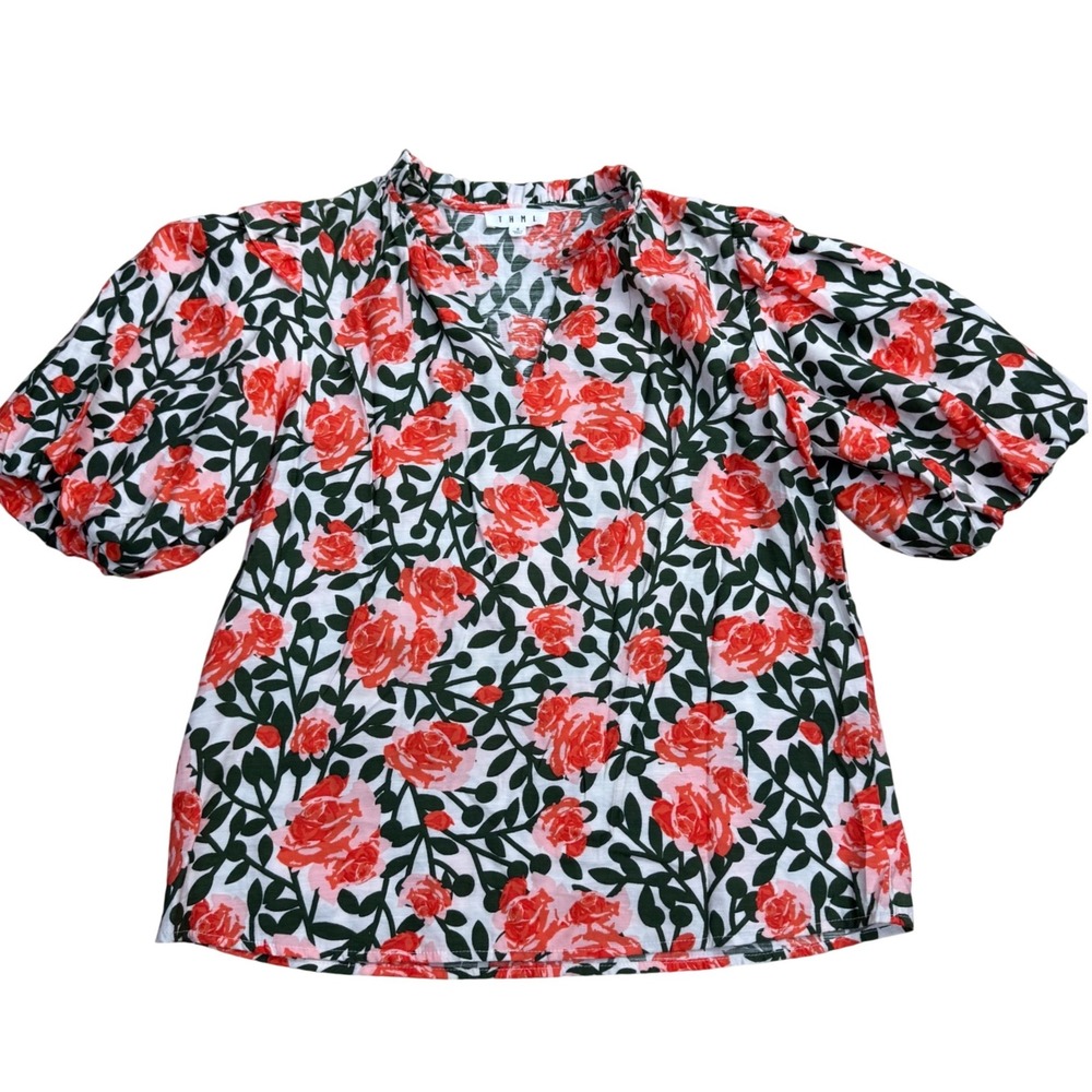 THML Floral Puff Sleeve Blouse Women Size S Cottage Cute Office Ruffled Collar
